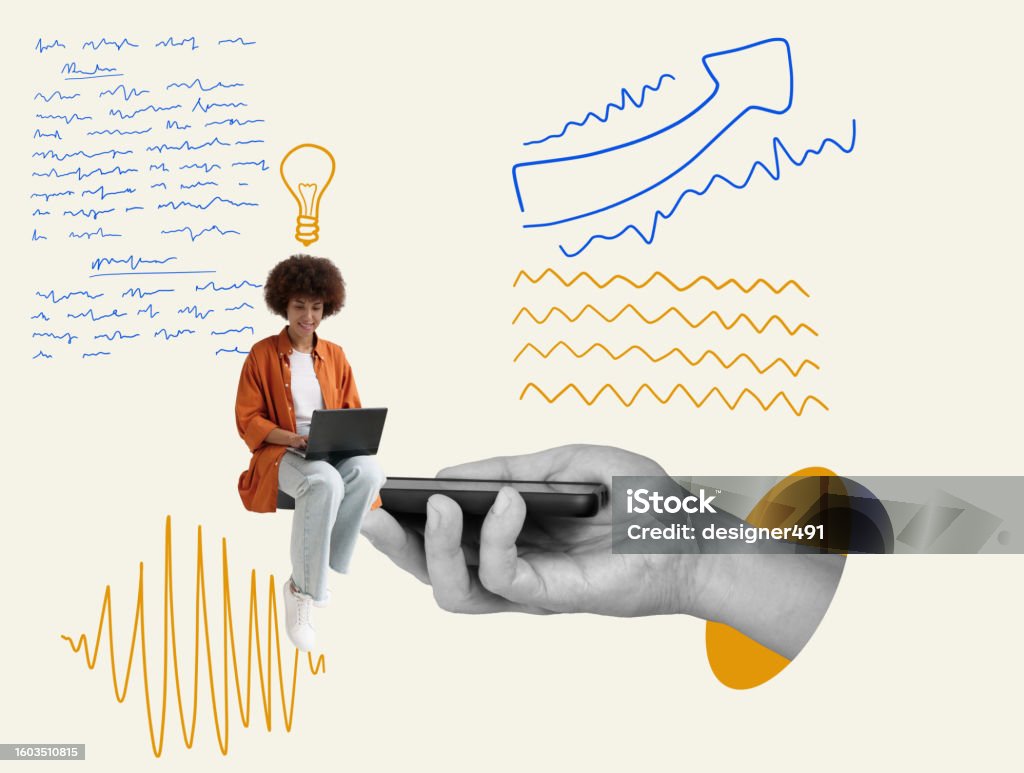 Collage with young woman sitting on the phone and typing on a laptop working as a digital marketing freelancer in bangalore
